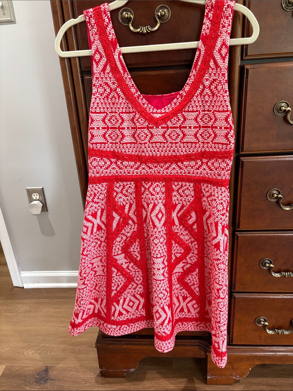 Maeve Red and White Patterned Knit Midi Dress